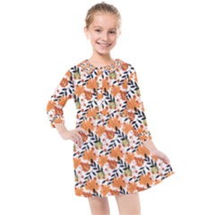 Black Orange Autumn Leaves Pattern Kids  Quarter Sleeve Shirt Dress by designsbymallika