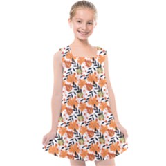 Black Orange Autumn Leaves Pattern Kids  Cross Back Dress by designsbymallika