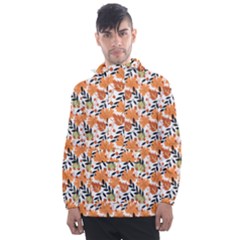 Black Orange Autumn Leaves Pattern Men s Front Pocket Pullover Windbreaker by designsbymallika