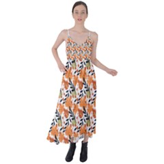 Black Orange Autumn Leaves Pattern Tie Back Maxi Dress by designsbymallika