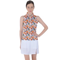 Black Orange Autumn Leaves Pattern Women s Sleeveless Polo Tee by designsbymallika