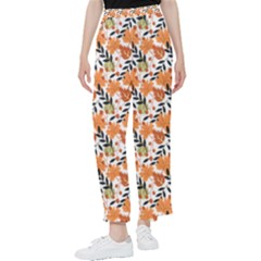 Black Orange Autumn Leaves Pattern Women s Pants  by designsbymallika