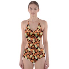 Autumn Leaves Orange Pattern Cut-out One Piece Swimsuit by designsbymallika