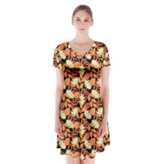 Autumn Leaves Orange Pattern Short Sleeve V-neck Flare Dress by designsbymallika