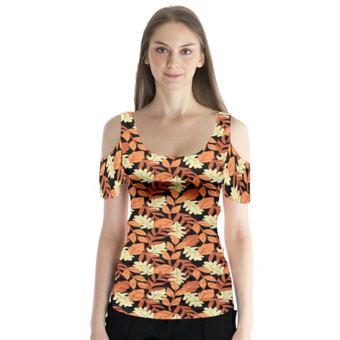 Autumn Leaves Orange Pattern Butterfly Sleeve Cutout Tee  by designsbymallika