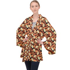 Autumn Leaves Orange Pattern Long Sleeve Velvet Kimono  by designsbymallika