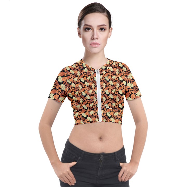 Autumn Leaves Orange Pattern Short Sleeve Cropped Jacket