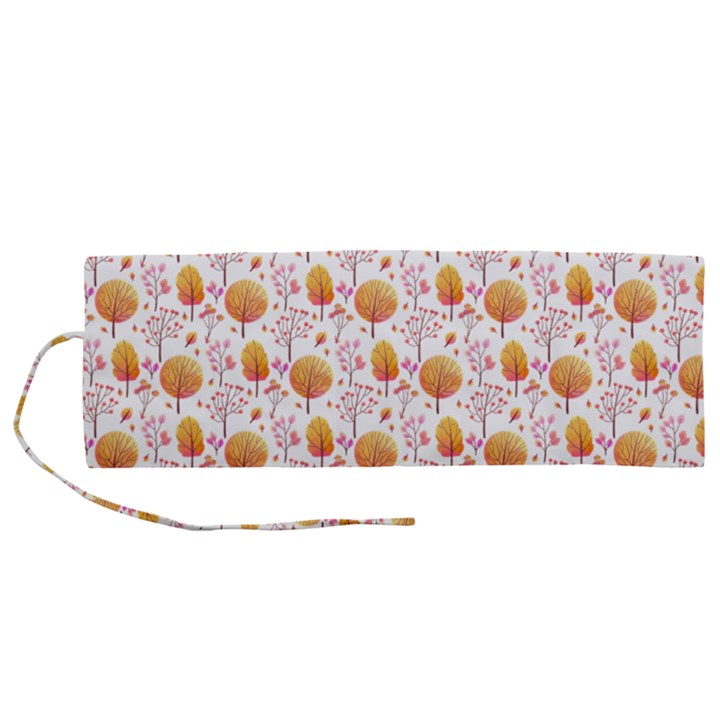 Orange Pink Tree Pattern Roll Up Canvas Pencil Holder (M)