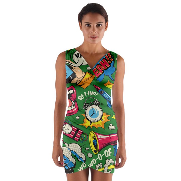 Cartoon Pattern Wrap Front Bodycon Dress