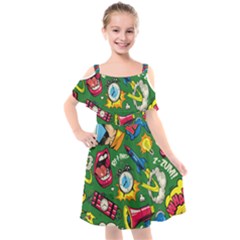 Cartoon Pattern Kids  Cut Out Shoulders Chiffon Dress by designsbymallika