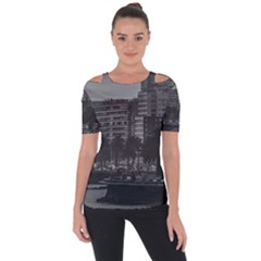 Sunset Coastal Urban Scene, Montevideo, Uruguay Shoulder Cut Out Short Sleeve Top by dflcprintsclothing