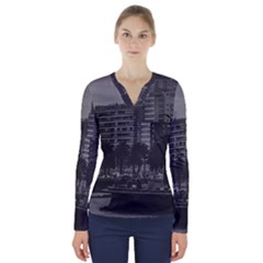 Sunset Coastal Urban Scene, Montevideo, Uruguay V-neck Long Sleeve Top by dflcprintsclothing