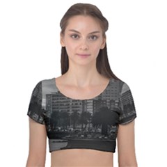 Sunset Coastal Urban Scene, Montevideo, Uruguay Velvet Short Sleeve Crop Top  by dflcprintsclothing