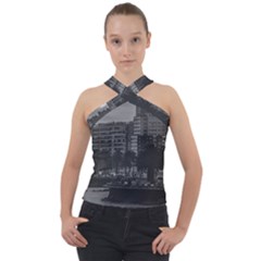 Sunset Coastal Urban Scene, Montevideo, Uruguay Cross Neck Velour Top