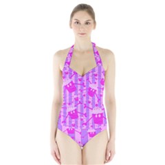 Cupcakelogolinespinkpurps Halter Swimsuit by DayDreamersBoutique