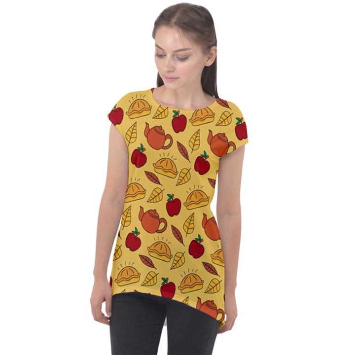 Apple Pie Pattern Cap Sleeve High Low Top