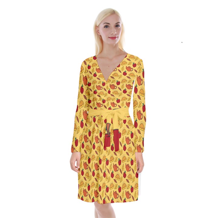 Apple Pie Pattern Long Sleeve Velvet Front Wrap Dress