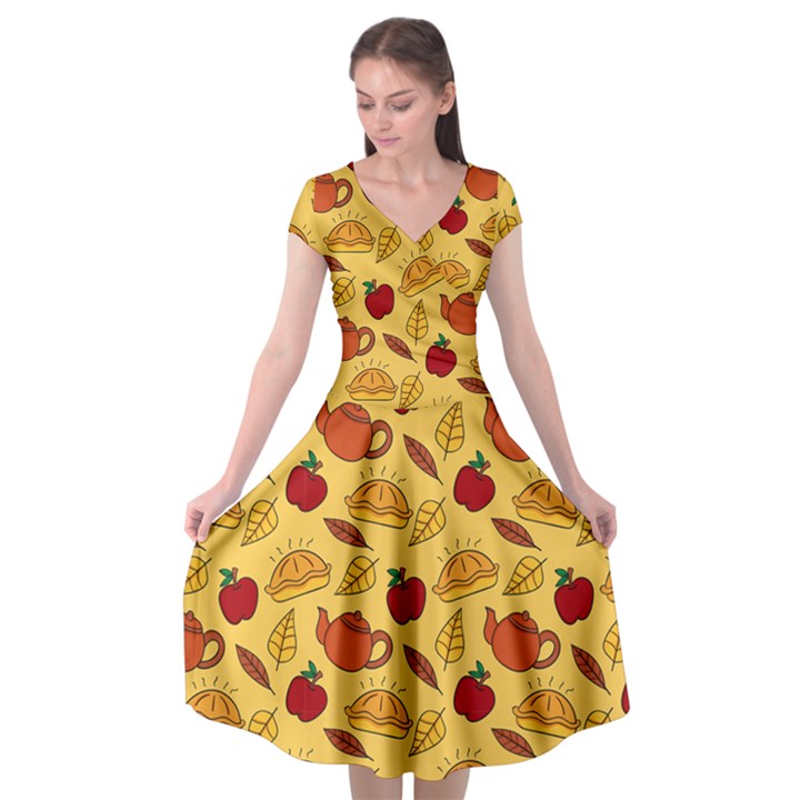 Apple Pie Pattern Cap Sleeve Wrap Front Dress