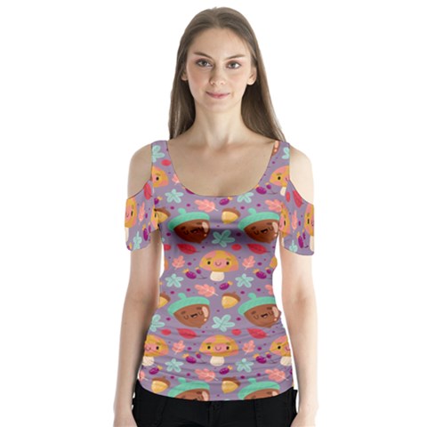 Nuts And Mushroom Pattern Butterfly Sleeve Cutout Tee  by designsbymallika