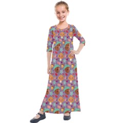 Nuts And Mushroom Pattern Kids  Quarter Sleeve Maxi Dress by designsbymallika