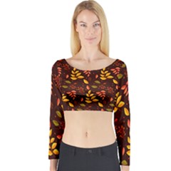 Yellow Green Orange Leaf Pattern Long Sleeve Crop Top by designsbymallika