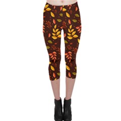 Yellow Green Orange Leaf Pattern Capri Leggings  by designsbymallika