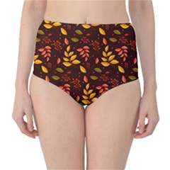 Yellow Green Orange Leaf Pattern Classic High-waist Bikini Bottoms by designsbymallika