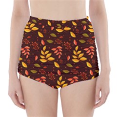 Yellow Green Orange Leaf Pattern High-waisted Bikini Bottoms by designsbymallika