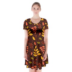 Yellow Green Orange Leaf Pattern Short Sleeve V-neck Flare Dress by designsbymallika