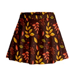 Yellow Green Orange Leaf Pattern Mini Flare Skirt by designsbymallika