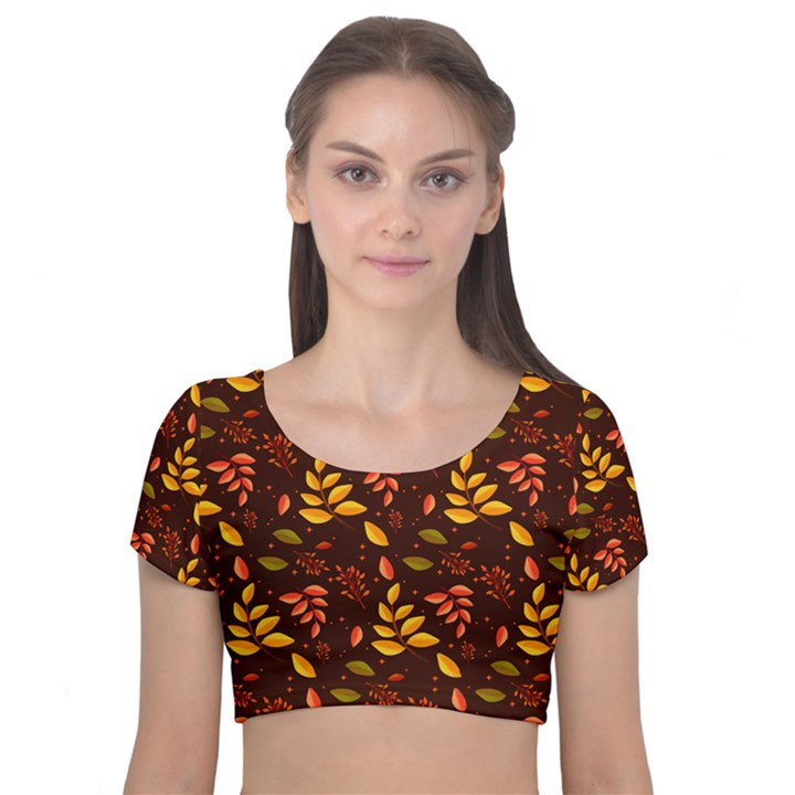 Yellow Green Orange Leaf Pattern Velvet Short Sleeve Crop Top 