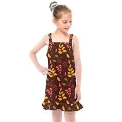 Yellow Green Orange Leaf Pattern Kids  Overall Dress by designsbymallika