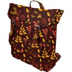 Yellow Green Orange Leaf Pattern Buckle Up Backpack by designsbymallika