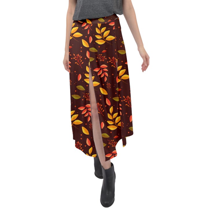 Yellow Green Orange Leaf Pattern Velour Split Maxi Skirt