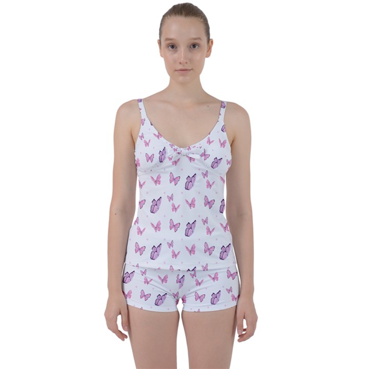 Pink Purple Butterfly Tie Front Two Piece Tankini