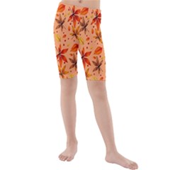 Orange Brown Leaves Kids  Mid Length Swim Shorts by designsbymallika