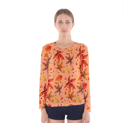 Orange Brown Leaves Women s Long Sleeve Tee by designsbymallika