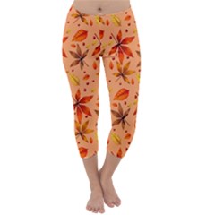 Orange Brown Leaves Capri Winter Leggings  by designsbymallika