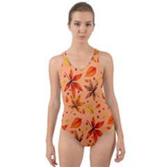 Orange Brown Leaves Cut-out Back One Piece Swimsuit by designsbymallika