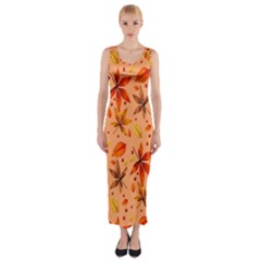 Orange Brown Leaves Fitted Maxi Dress by designsbymallika