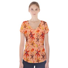 Orange Brown Leaves Short Sleeve Front Detail Top by designsbymallika