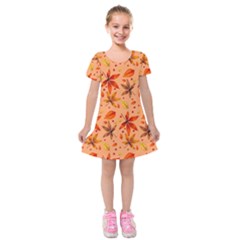 Orange Brown Leaves Kids  Short Sleeve Velvet Dress by designsbymallika