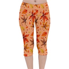 Orange Brown Leaves Velvet Capri Leggings  by designsbymallika