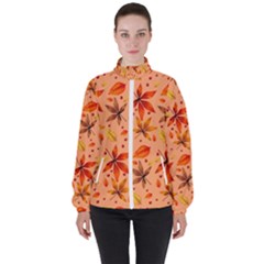 Orange Brown Leaves Women s High Neck Windbreaker by designsbymallika