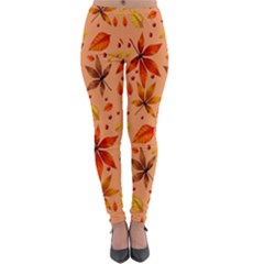 Orange Brown Leaves Lightweight Velour Leggings by designsbymallika