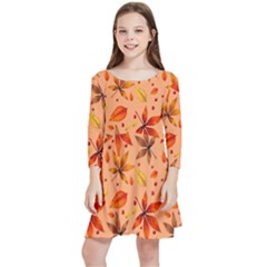 Orange Brown Leaves Kids  Quarter Sleeve Skater Dress by designsbymallika