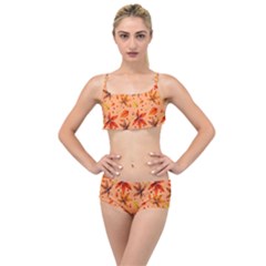 Orange Brown Leaves Layered Top Bikini Set by designsbymallika