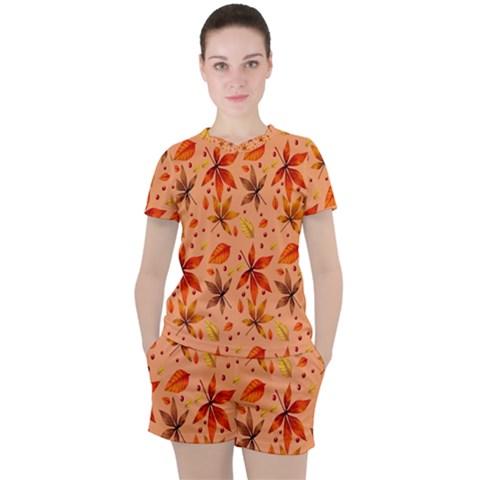 Orange Brown Leaves Women s Tee And Shorts Set by designsbymallika