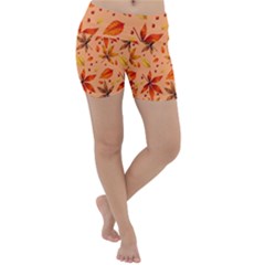 Orange Brown Leaves Lightweight Velour Yoga Shorts by designsbymallika