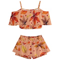 Orange Brown Leaves Kids  Off Shoulder Skirt Bikini by designsbymallika